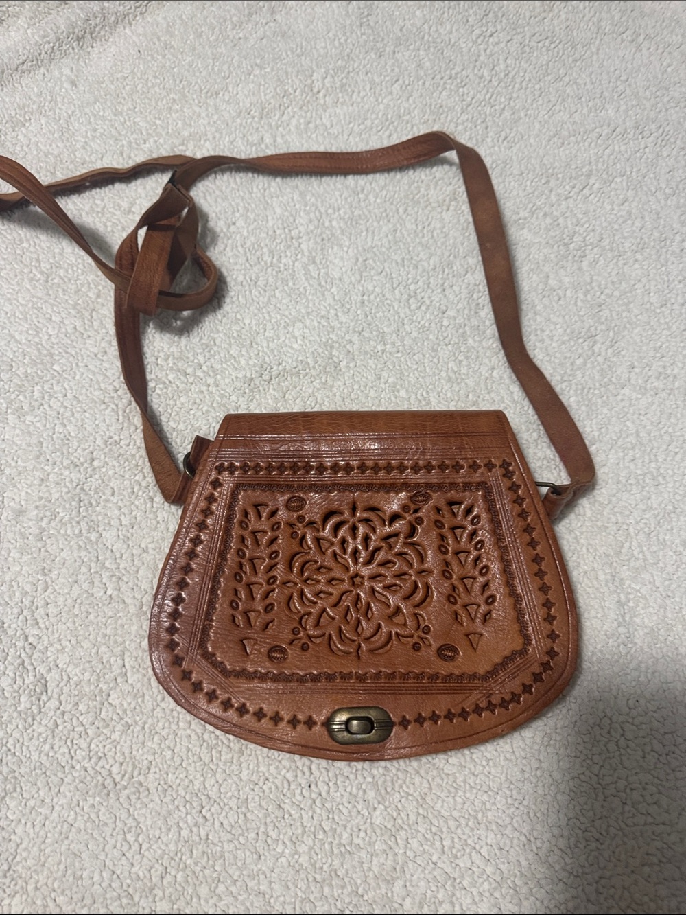 Leather Crossbody Bag with Floral Carving - Brown